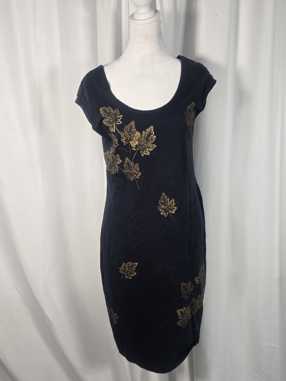 Gold Leaf Eco Print TShirt Dress Black Sz M Boho Whimsigoth Summer Knee Length